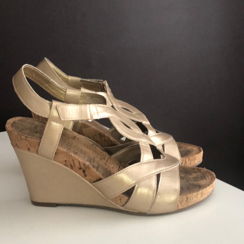 Gold strappy wedge sandals